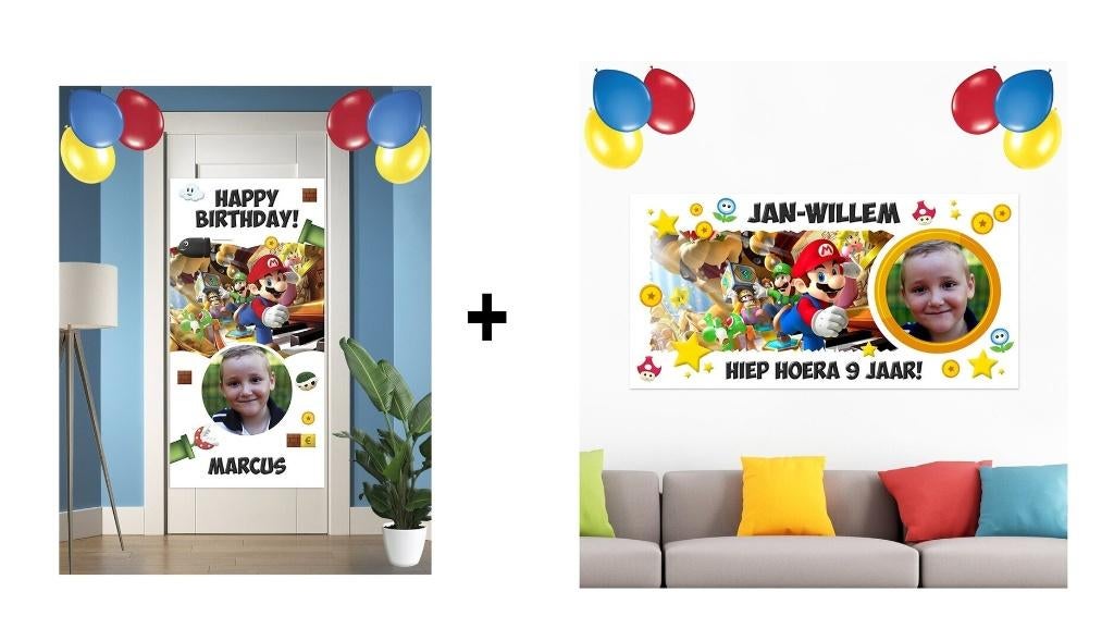 Super Mario muurposter deurposter met naam foto kind 120x60, Ophalen of Verzenden, Zo goed als nieuw, A1 t/m A3, Film en Tv