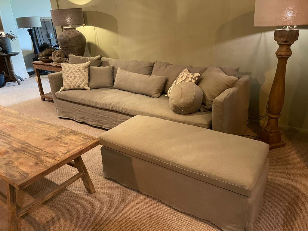 Landelijke grof linnen bank sofa leer stof hocker landelijk, Ophalen of Verzenden, Hoekbank, Leer