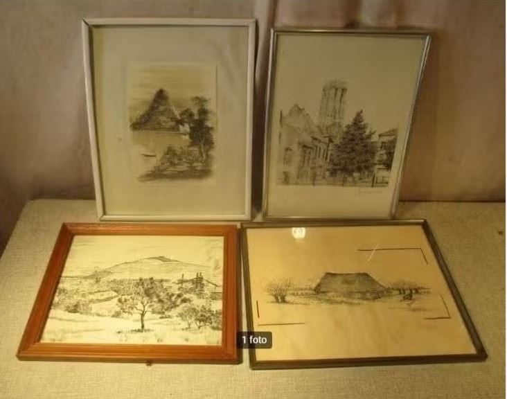4 Mooie Oude Tekeningen van verschillende kunstenaars, Ophalen of Verzenden, Tekening, Handgemaakt