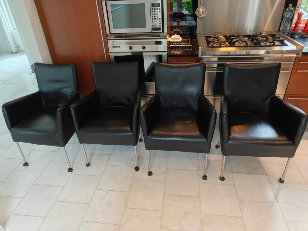 4x Zwarte lederen eetkamerstoelen Jess, Ophalen, Gebruikt, Zwart, Vier