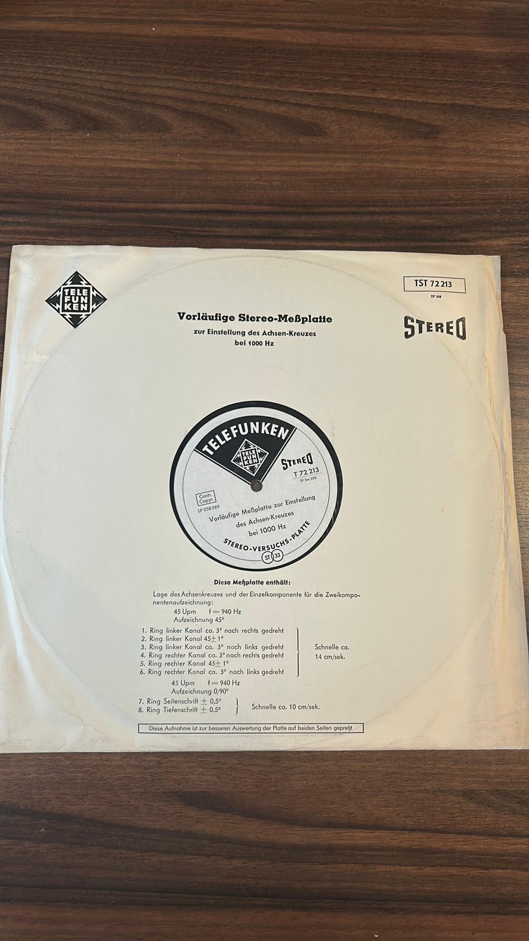 Telefunken Stereo-Meßplatte TST 72213 - Testplaat Vinyl, Ophalen of Verzenden, 1960 - 1969, Gebruikt, 10 inch