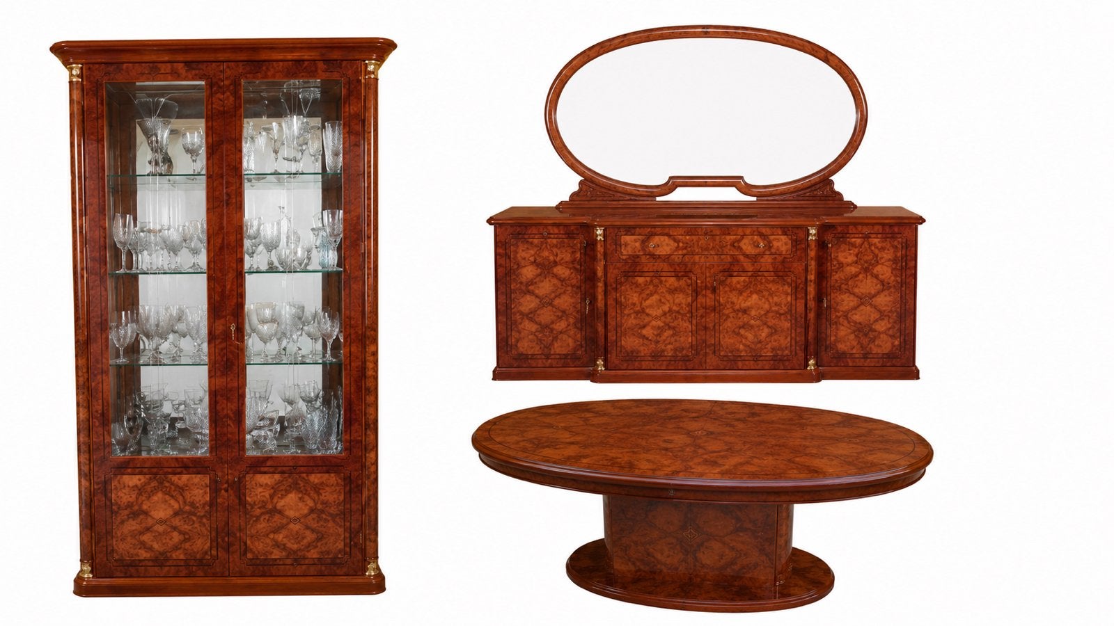 Complete luxe woonkamer-/eetkamerset. (Hoogglans wortelhout), Ophalen, Zo goed als nieuw, 25 tot 50 cm