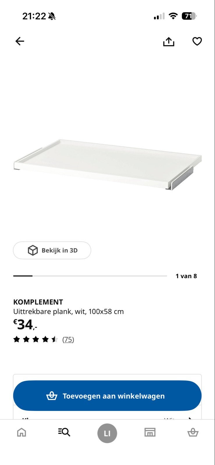 2x IKEA KOMPLEMENT Uittrekbare plank wit 100x58 cm, Ophalen, Gebruikt