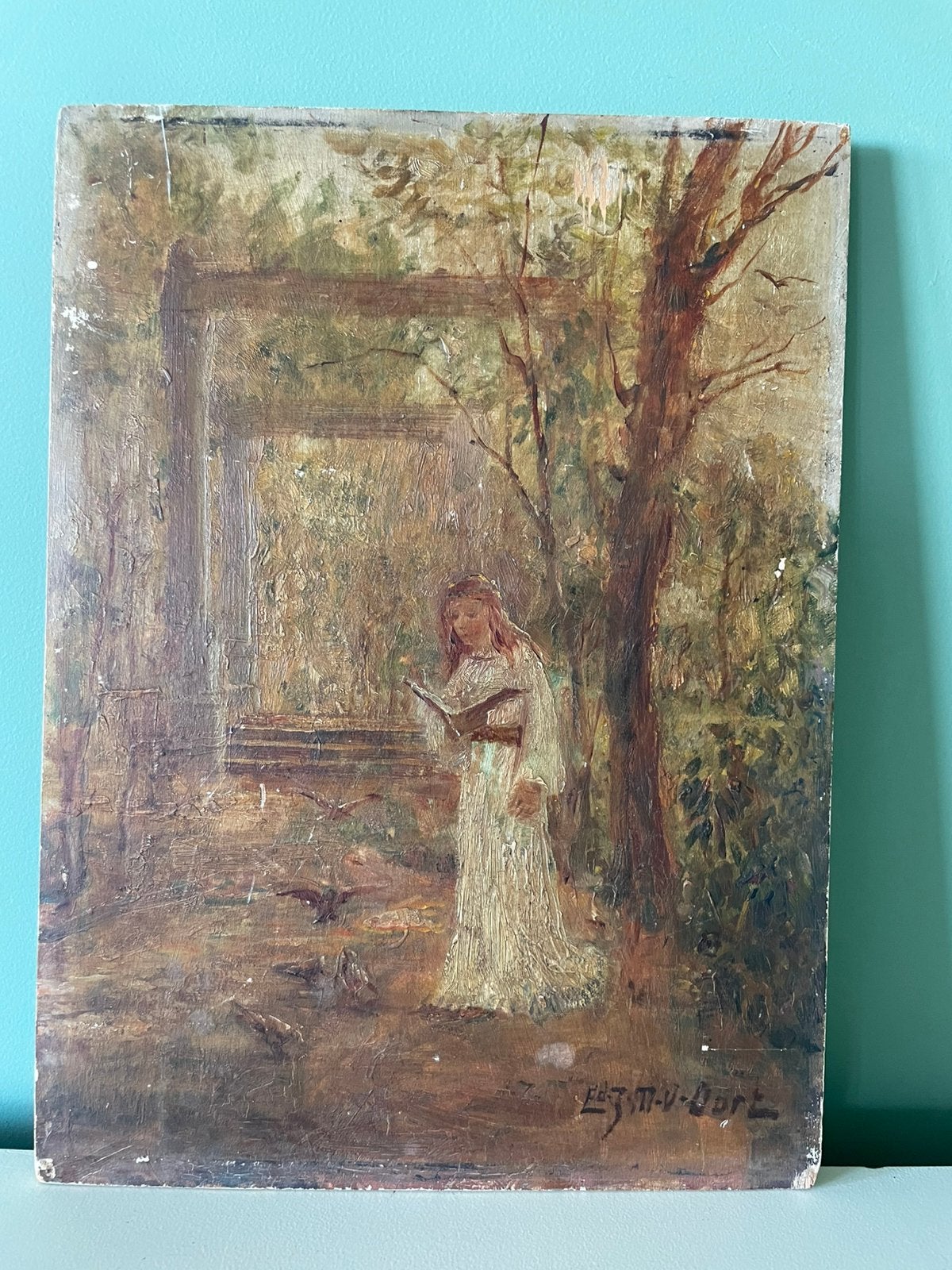 Olieverf op paneel - E(d).J.M. van Dort - Late Haagse School, Paneel, Impressionistisch, Ophalen of Verzenden, Gesigneerd