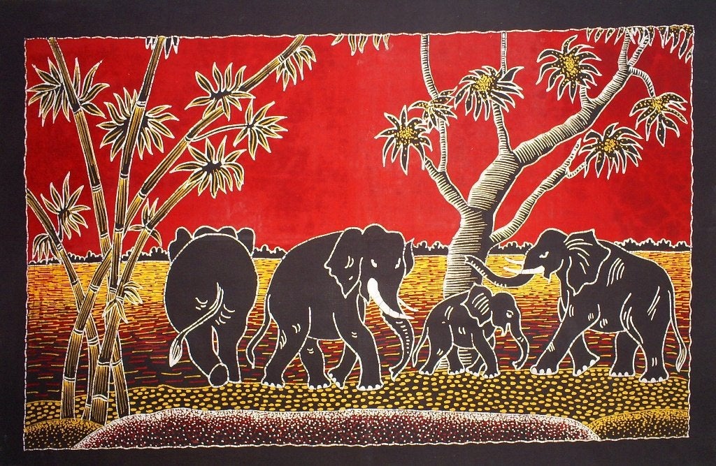 Handgemaakte batik uit Sri Lanka, OLIFANTEN 87x62 cm, katoen, Ophalen of Verzenden
