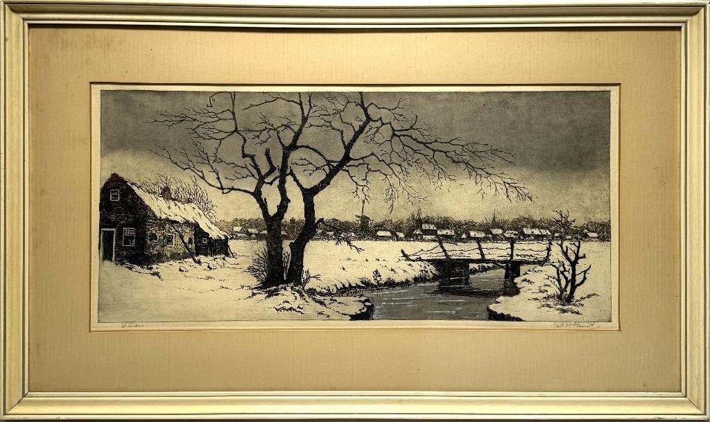 295. Kleurenets, Antoon van Hemert – "Winter", Nederland., Antiek en Kunst, Kunst | Etsen en Gravures, Ophalen of Verzenden