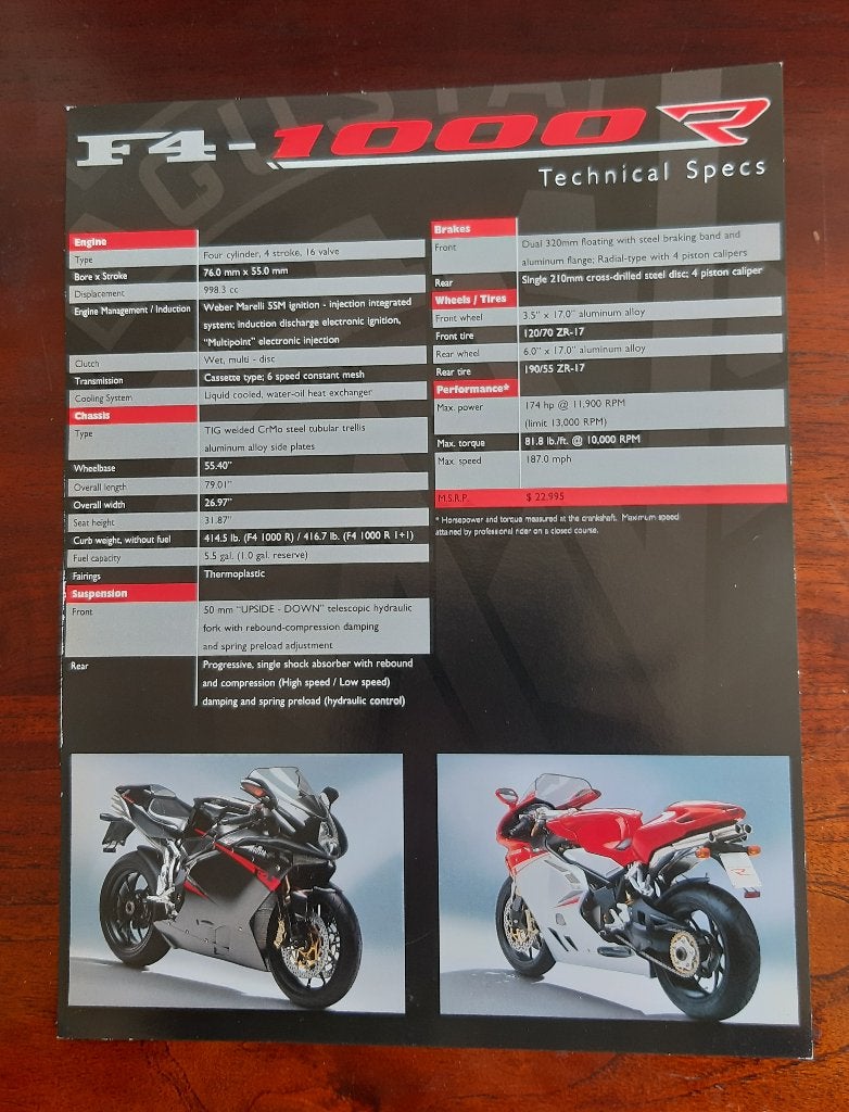 MV Agusta F4-1000R Technische Specificaties brochure, Ophalen of Verzenden, MV Agusta