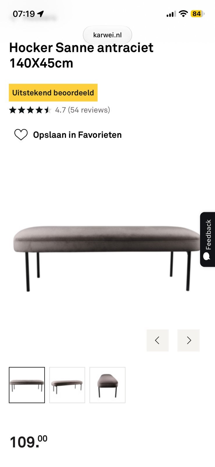Velours/velvet taupe/grijs bankje Karwei, Ophalen, Minder dan 50 cm, 125 cm of meer, Zo goed als nieuw