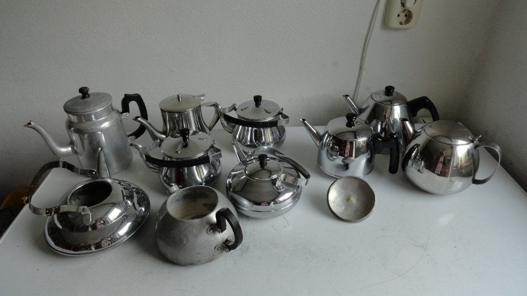 Theekannen, diverse enkel en dubbelwandige oa Bredemeijer, Theepot/fluitketel, Gebruikt, Zilver, Ophalen of Verzenden