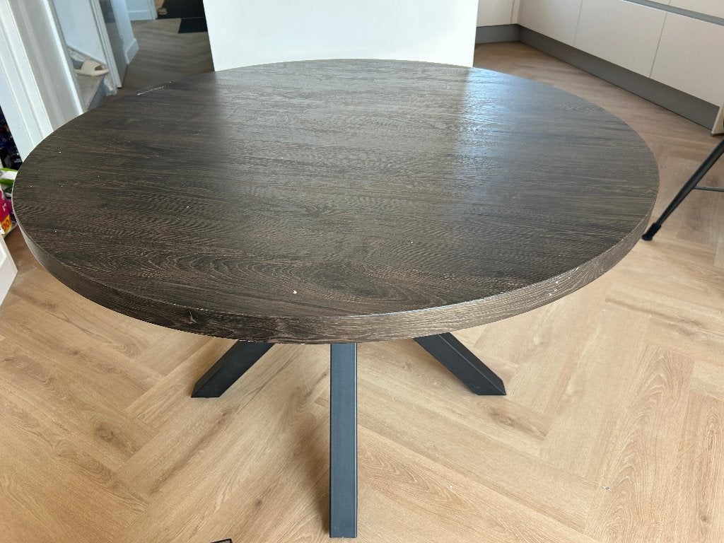 Eettafel rond diameter 1.20m houtlook walnoot, Ophalen, Overige materialen, Gebruikt, Rond