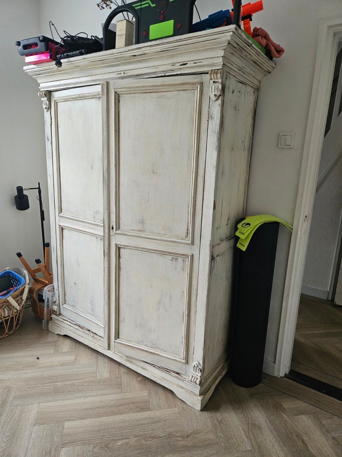 Brokante Wit-Washed Kast met Lade en 4 Schappen, Ophalen of Verzenden