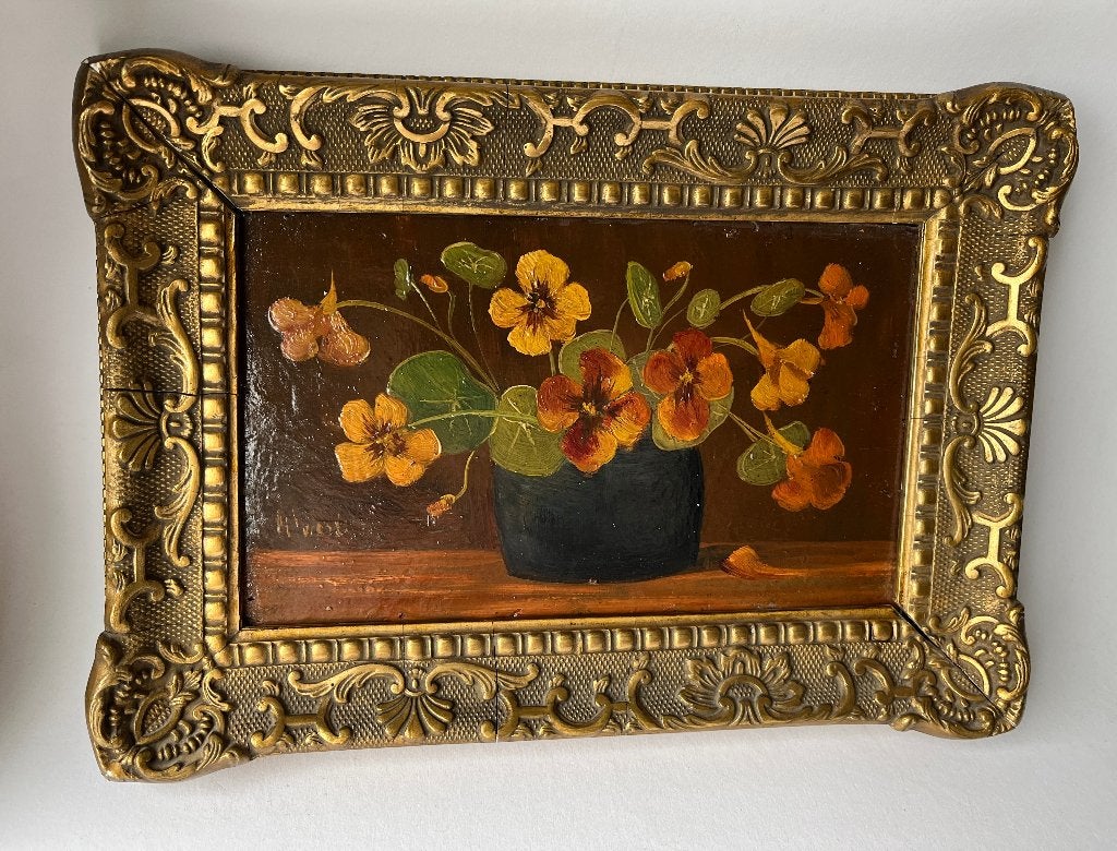 Antiek gesigneerd schilderij op paneel: bloemen, Antiek en Kunst, Kunst | Schilderijen | Klassiek, Bloemen, Paneel, Ophalen of Verzenden