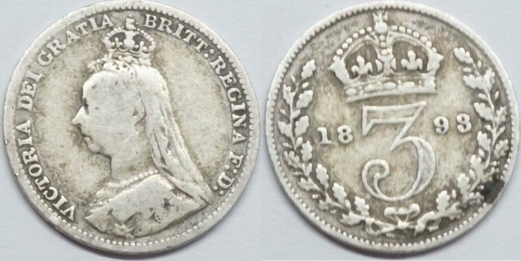 Great Britain , 3 pence 1893 - zeldzaamste jaar (key date), Ophalen of Verzenden, Noord-Amerika, Zilver