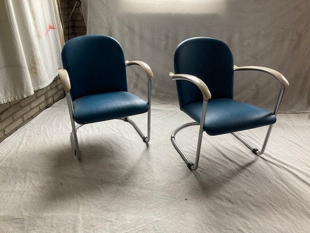 2 Vintage Jaren '50 Chroom Gispen 414 Fauteuils Blauw, Ophalen, Minder dan 75 cm, Niet meer op dit adres, Gispen Culemborg