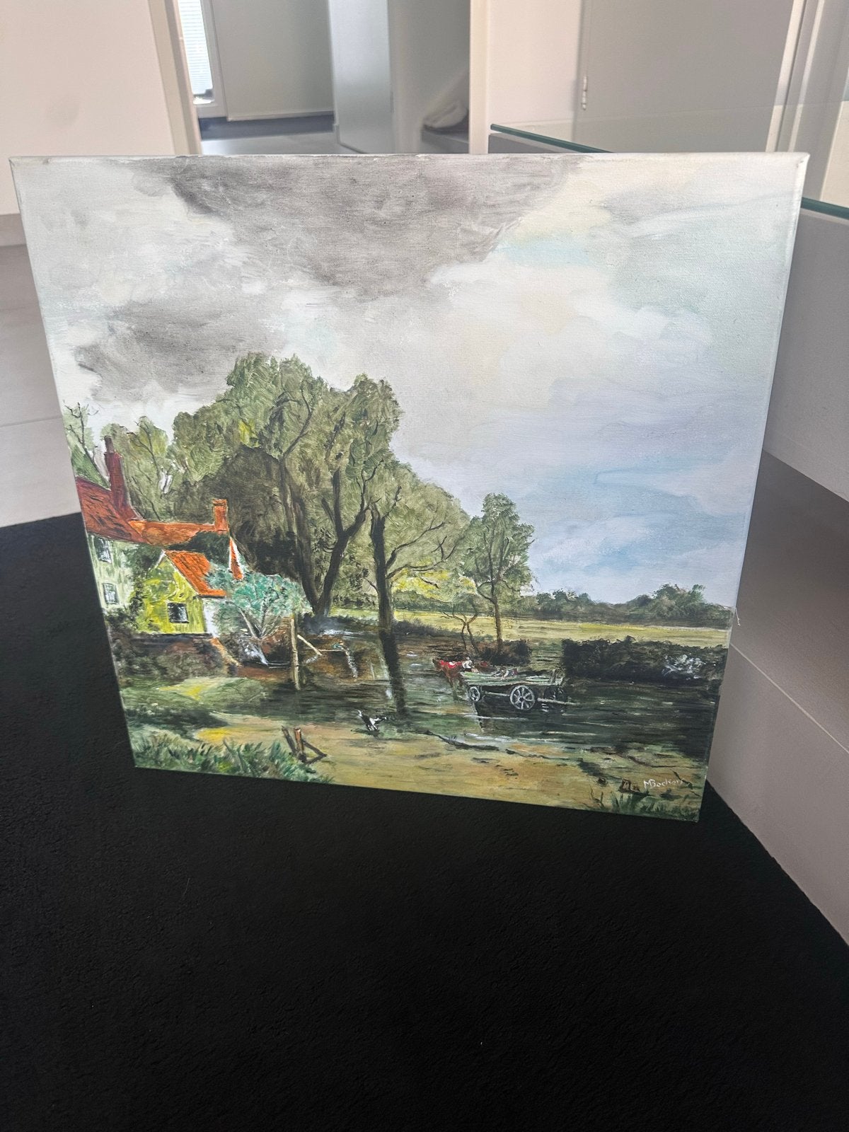 Schilderij Landschap met Huis en Water - Gesigneerd, Doek, Realistisch, Ophalen of Verzenden, Gesigneerd
