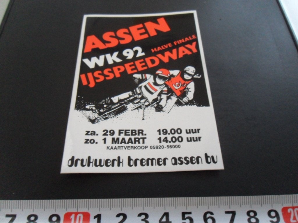 sticker Assen WK 92 Halve Finale IJsspeedway *, Ophalen of Verzenden, Zo goed als nieuw