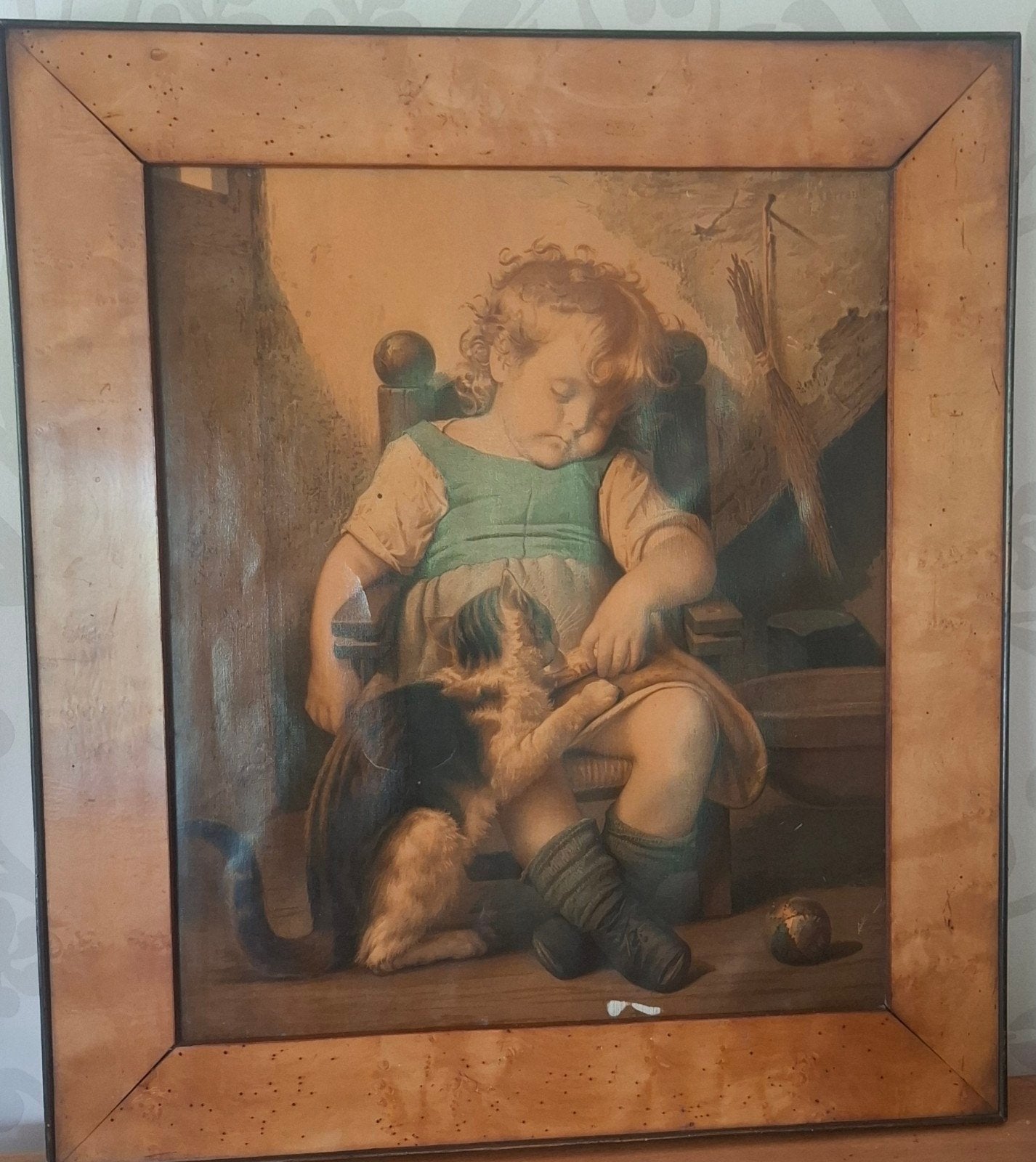 Nostalgisch schilderij: Slapend meisje., Antiek en Kunst, Ophalen of Verzenden