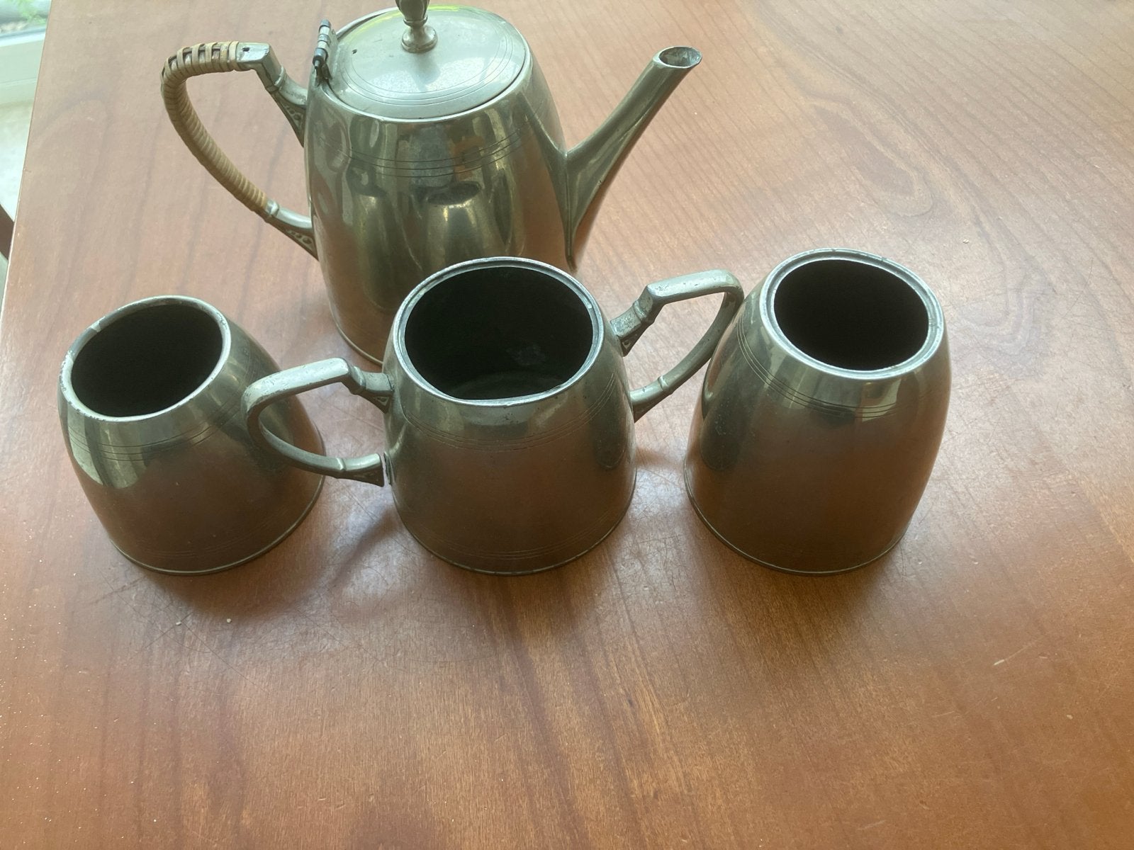 Vintage tinnen theeservies met theepot en bekers, Ophalen of Verzenden