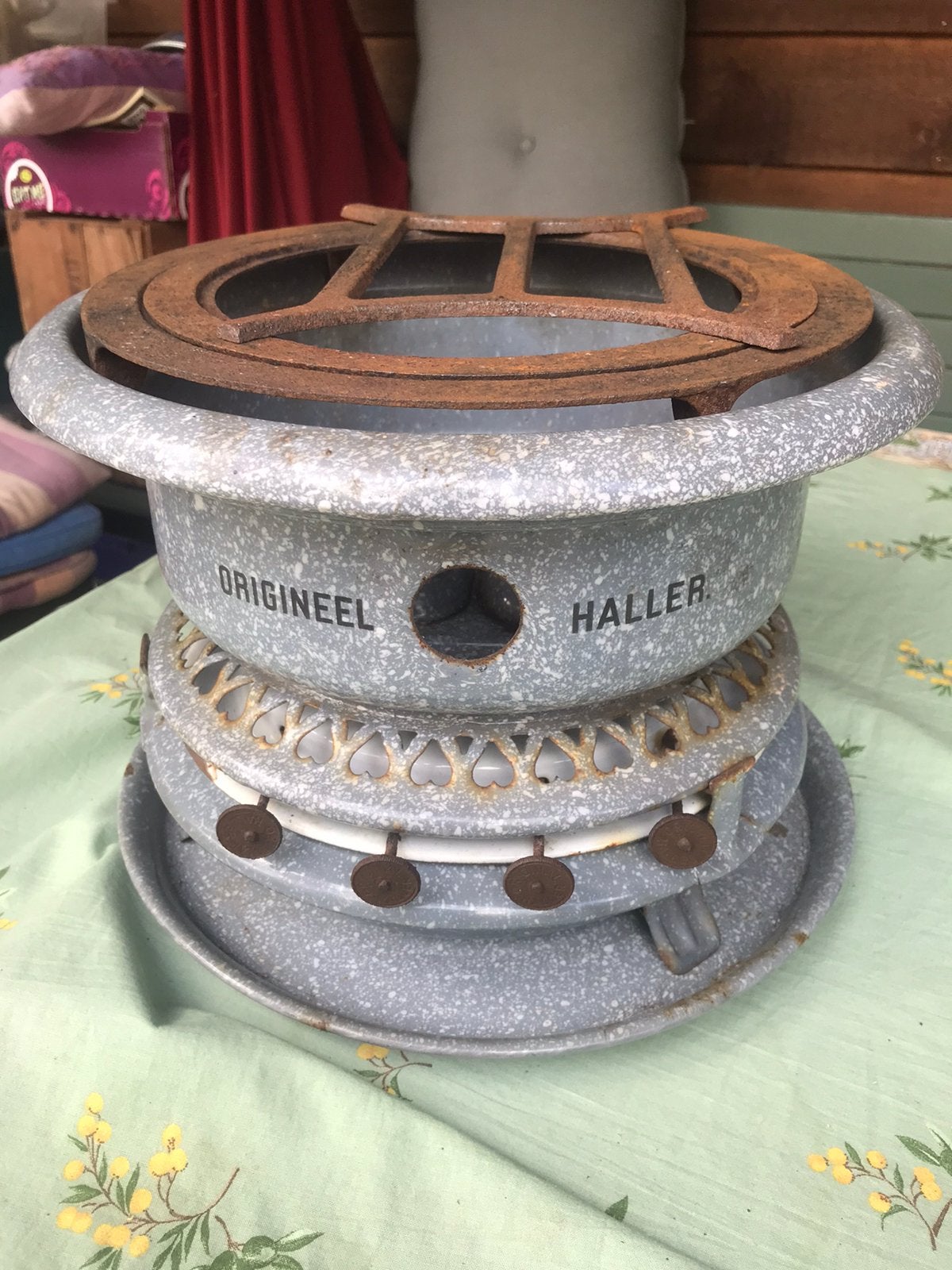4 pitter grijs gewokte emaille petroleumstel,diam.35cm,25 hg, Ophalen of Verzenden