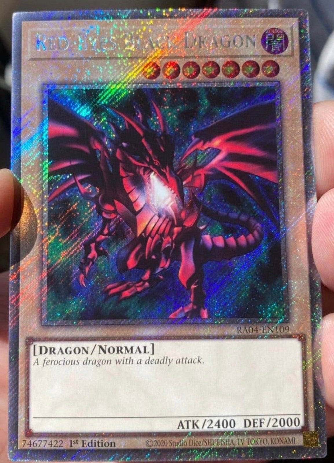 Yu-Gi-Oh! Red-Eyes Black Dragon RA04 1st Edition !, Ophalen of Verzenden, Zo goed als nieuw, Losse kaart, Foil