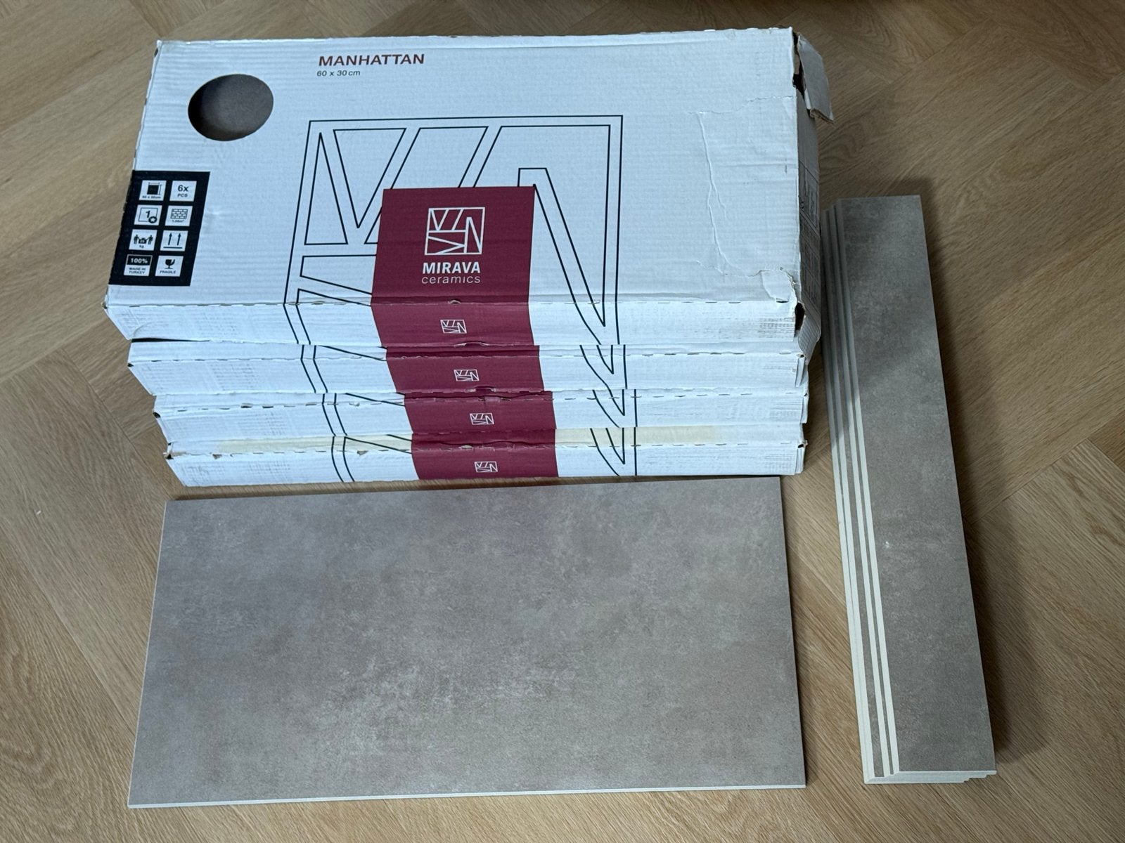 4 pak Manhattan Taupe Vloertegels 60x30cm + 4x plint, Ophalen, 40 tot 60 cm, Keramiek, Nieuw