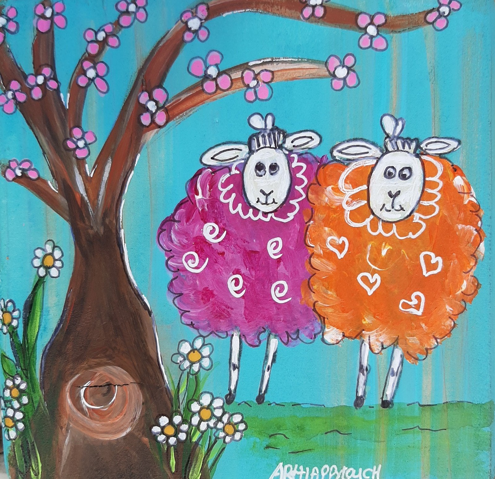 schilderijtje schaapjes op hout vrolijke kleuren acryl, Antiek en Kunst, Acrylverf, Hout, Ophalen of Verzenden, Dieren