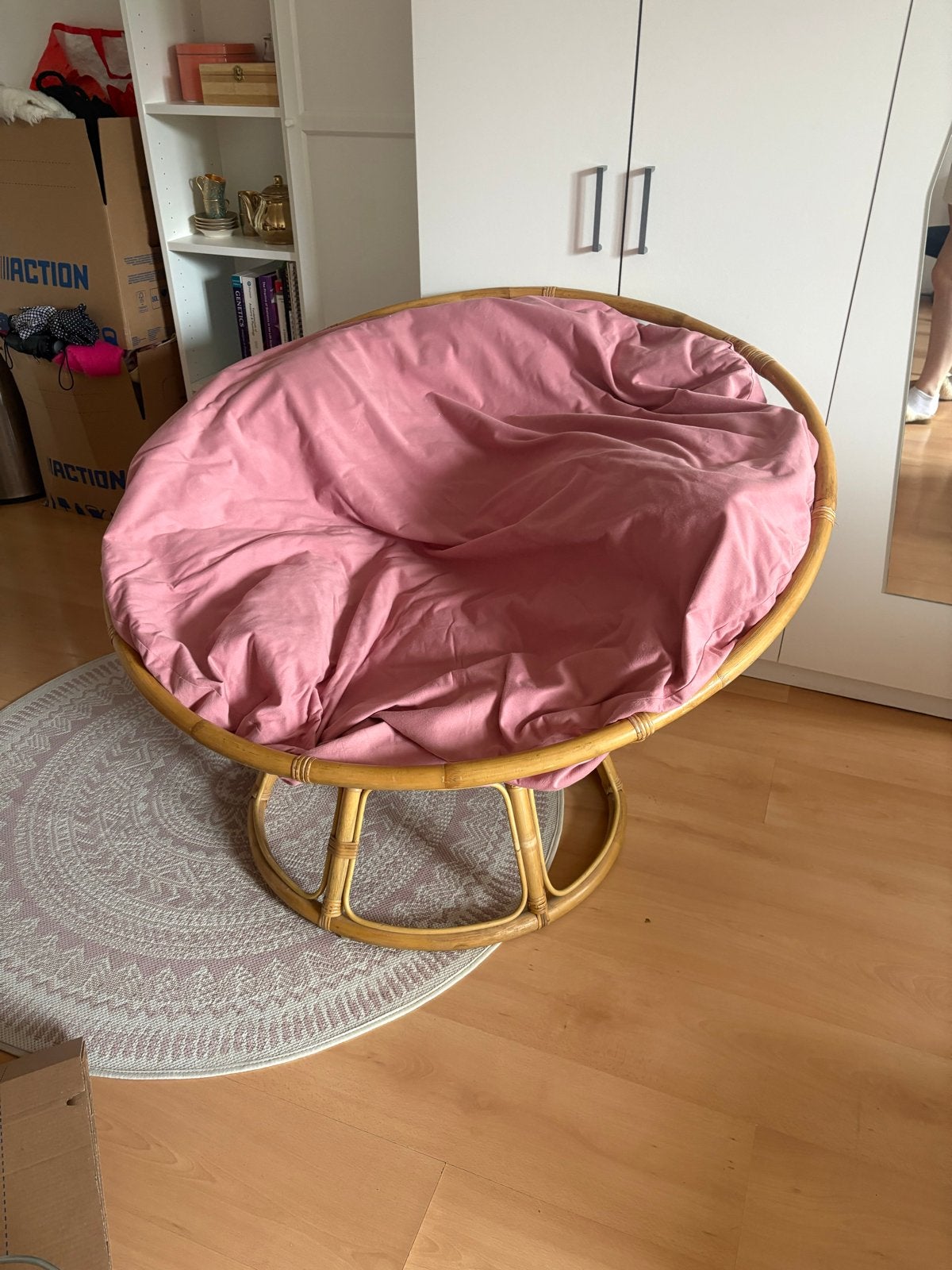 Rotan Papasan stoel met roze kussen, Ophalen, Gebruikt, Overige kleuren, Riet of Rotan