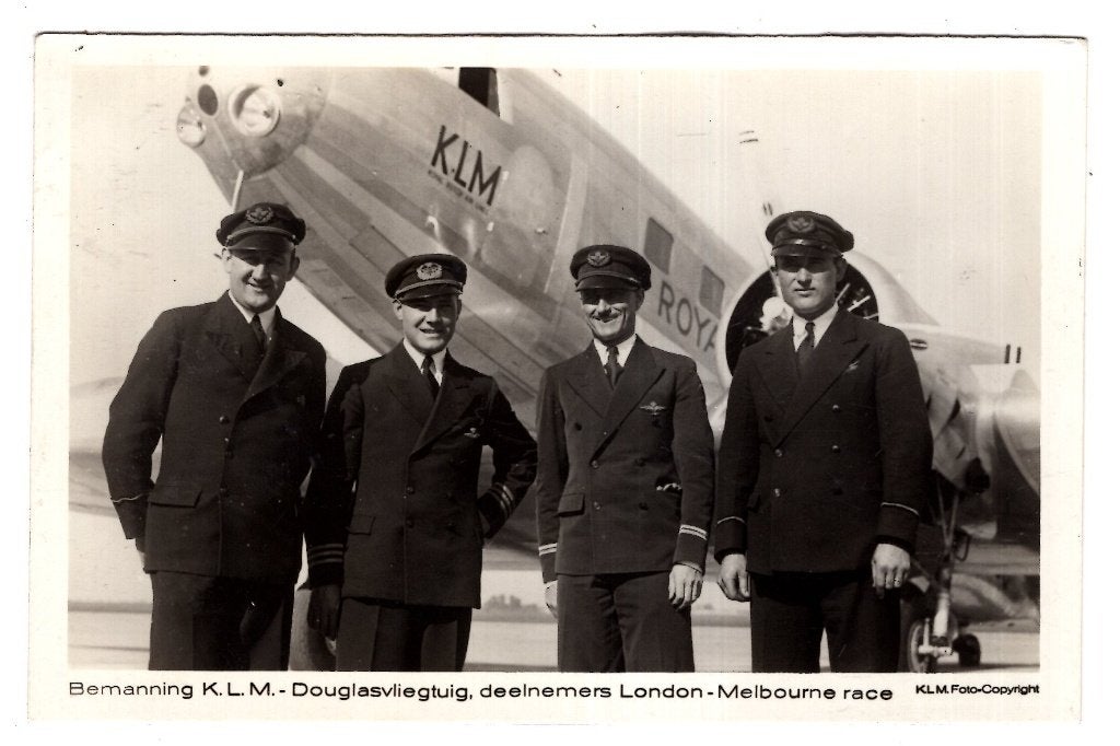 K.L.M. Vliegveld Airport Londen Melbourne Piloten, Verzamelen, Ophalen of Verzenden, 1940 tot 1960, Ongelopen, Overige thema's