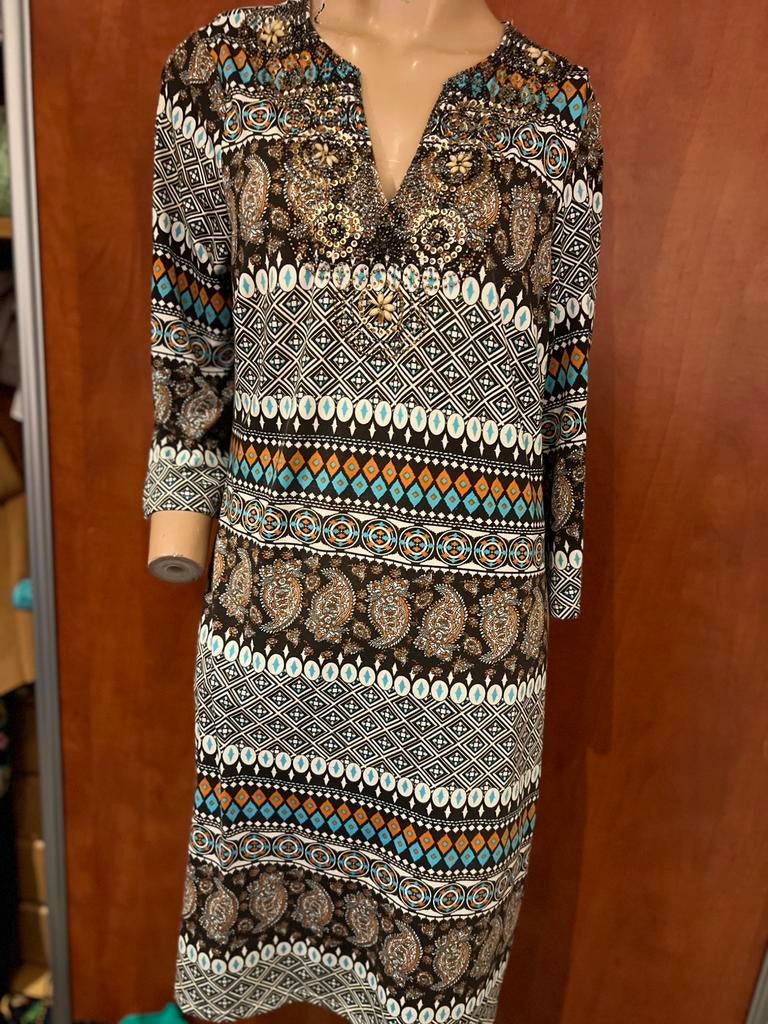 K-design jurk met kralen maat xl zgan bruin beige, Beige, Maat 46/48 (XL) of groter, Ophalen of Verzenden, Zo goed als nieuw