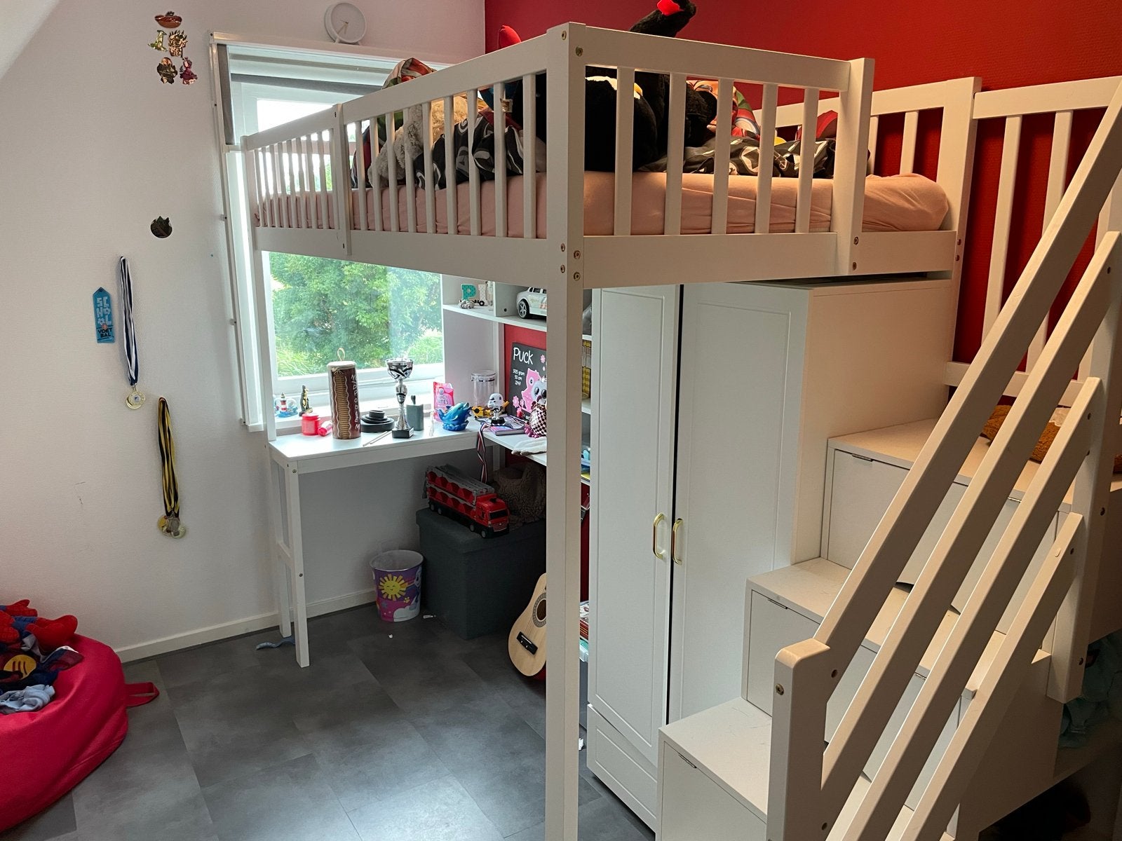 Mooie hoogslaper met bureau, kast en opbergruimte, Ophalen, Eenpersoons, Zo goed als nieuw, 200 cm