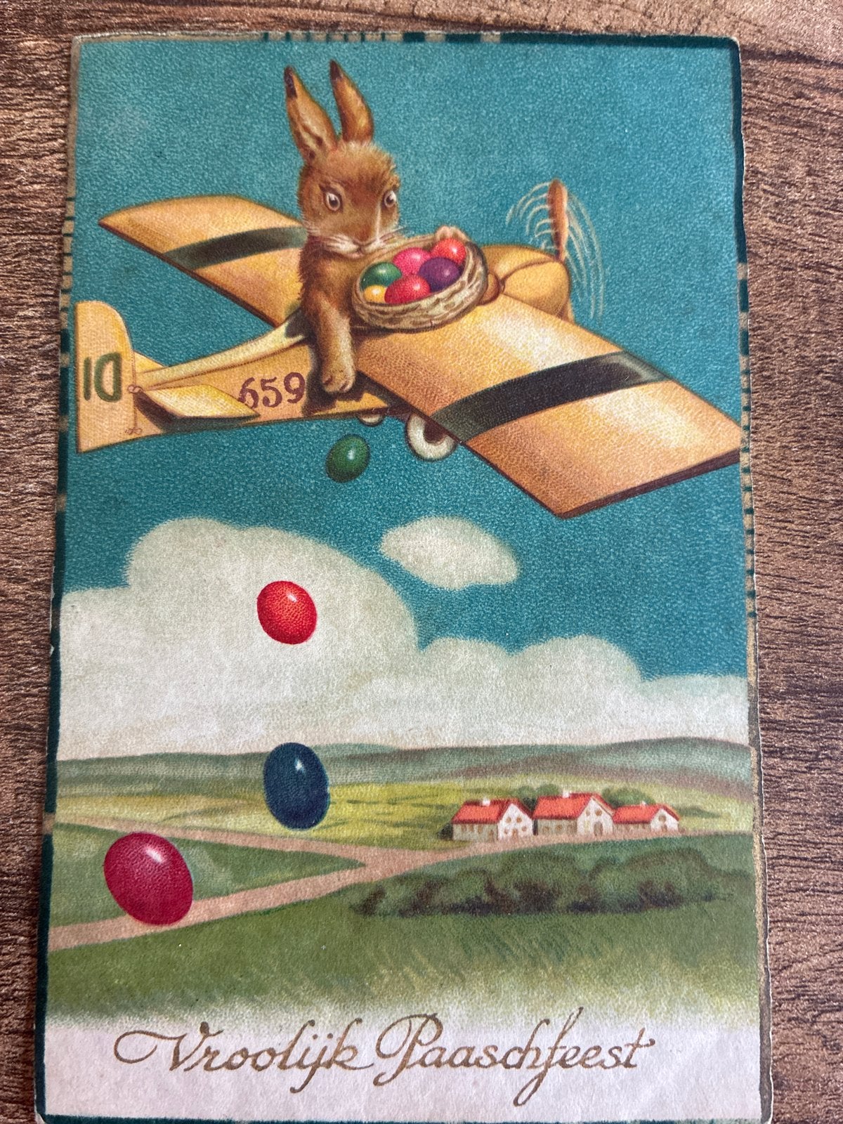 Oude ansichtkaart Pasen : Konijn in Vliegtuig met Eieren, Verzamelen, Ophalen of Verzenden, Voor 1920, Gelopen, Feest(dag)