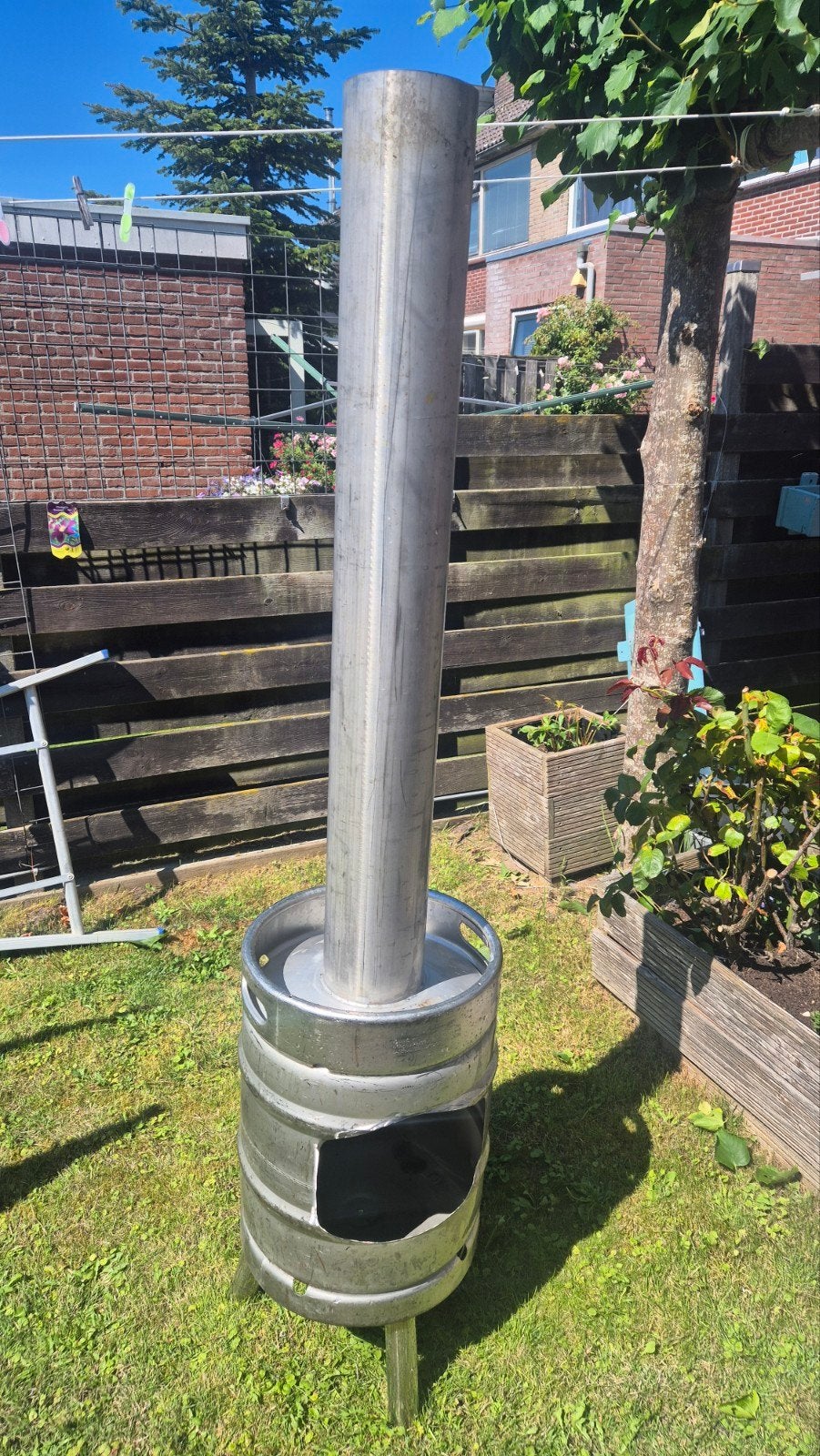 Rvs bierfust terrashout kachel. incl. stook hout, Ophalen, Nieuw, Vuurton