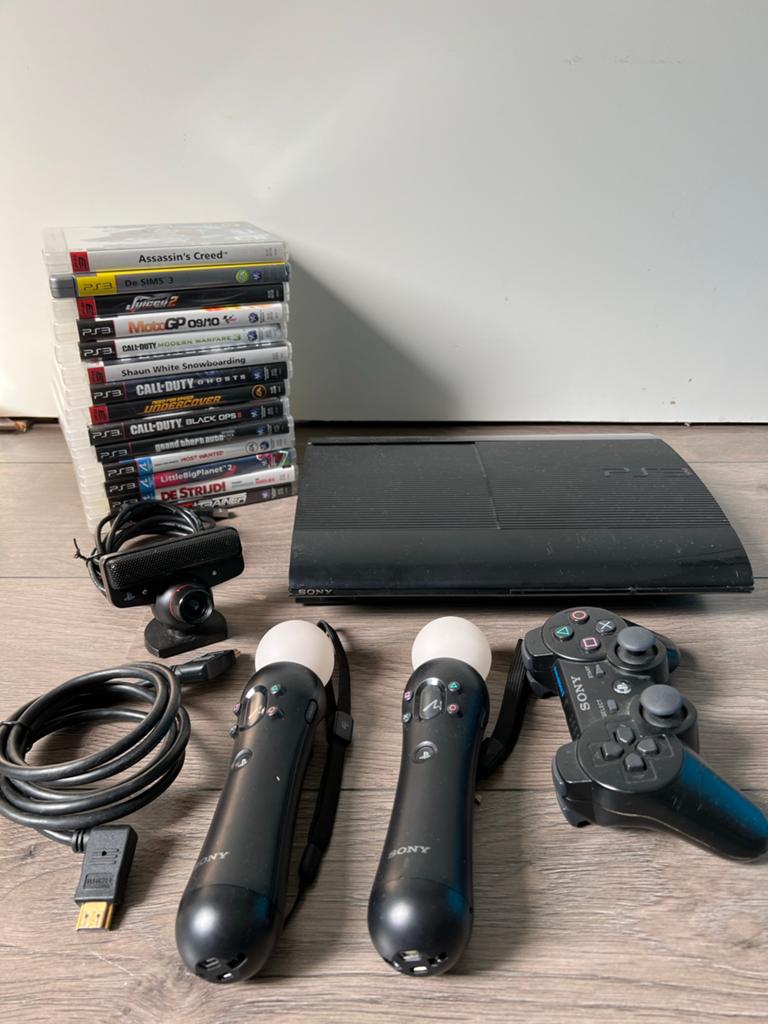 PlayStation 3 Super Slim met move set en games PS3, Gebruikt, Super Slim, Met harde schijf, Met 1 controller