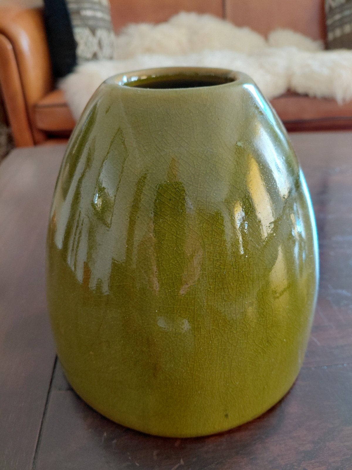 Antieke mos groene keramische vaas met craquelé, Antiek en Kunst, Ophalen of Verzenden
