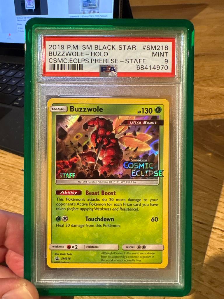 Buzzwole Holo SM218 PSA 9 Mint Cosmic Eclipse Promo, Ophalen of Verzenden, Zo goed als nieuw, Losse kaart, Foil