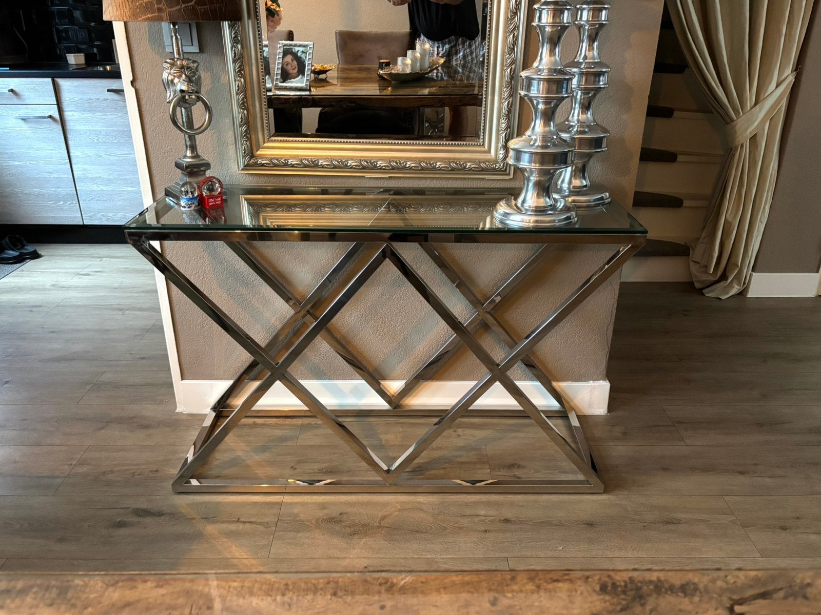 Te koop een zilveren Eric Kuster stijl sidetable richmond, Huis en Inrichting, Tafels | Sidetables, Ophalen, 100 tot 150 cm, Zo goed als nieuw