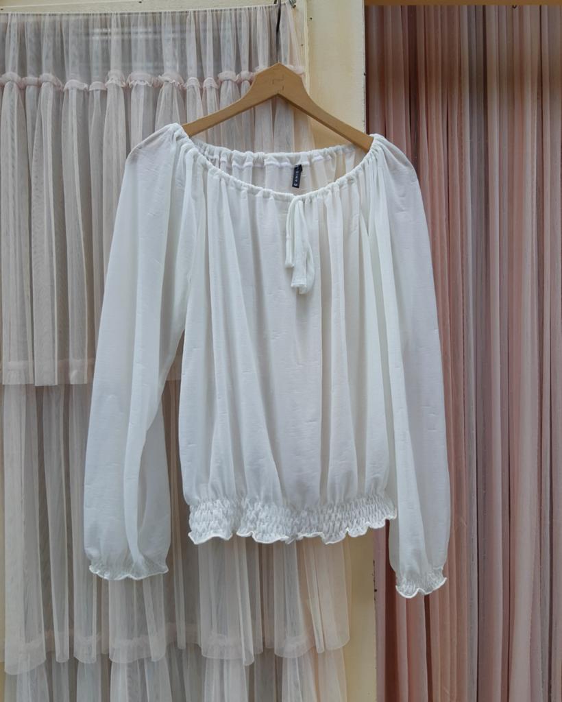 Amisu witte voile boho top offshoulder tuniek S M L, Maat 38/40 (M), Wit, Ophalen of Verzenden, Gedragen