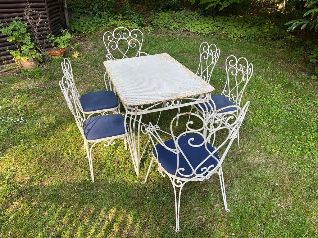 Vintage smeedijzeren tuinset met 6 stoelen, Ophalen, Overige materialen, Gebruikt, Eettafel