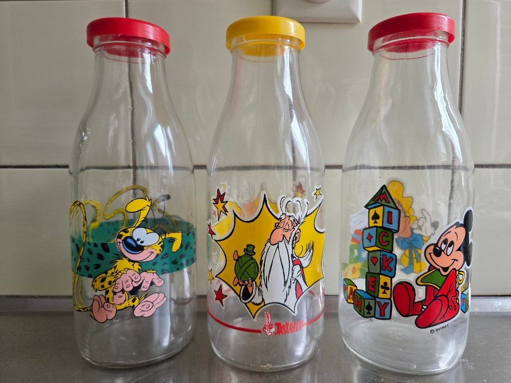 Melkflessen met stripfiguren, Ophalen of Verzenden, Gebruikt