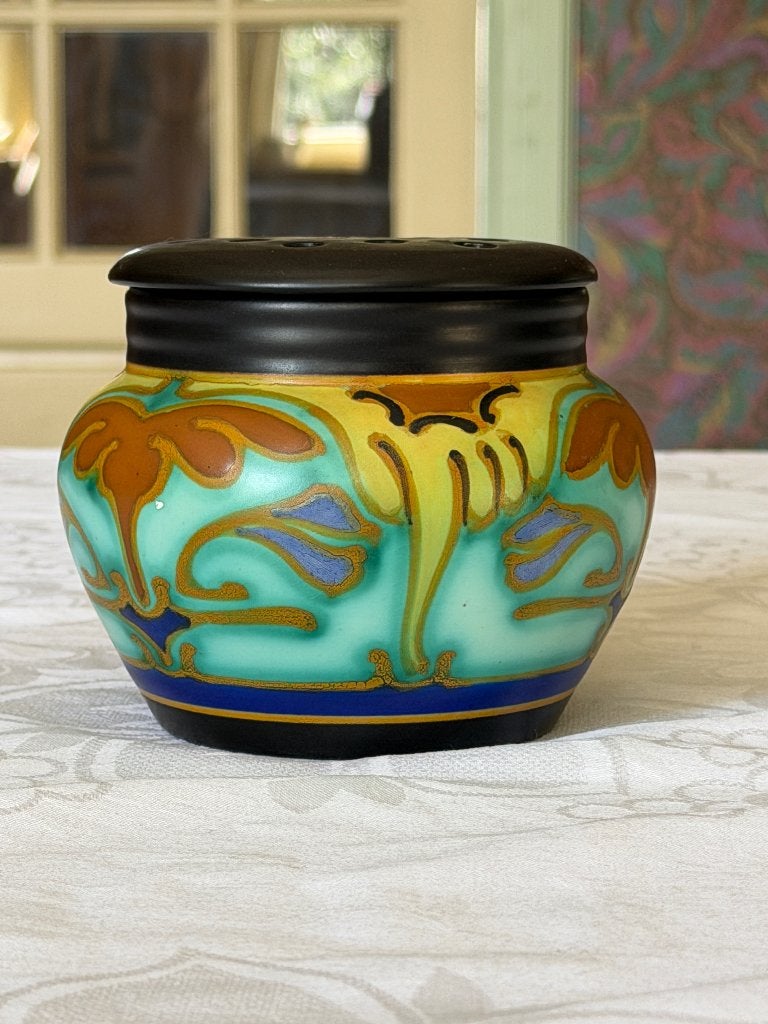 Art Deco Gouda plateelpot met deksel, nr. 0006, Ophalen, 10 cm, Met deksel, Zo goed als nieuw