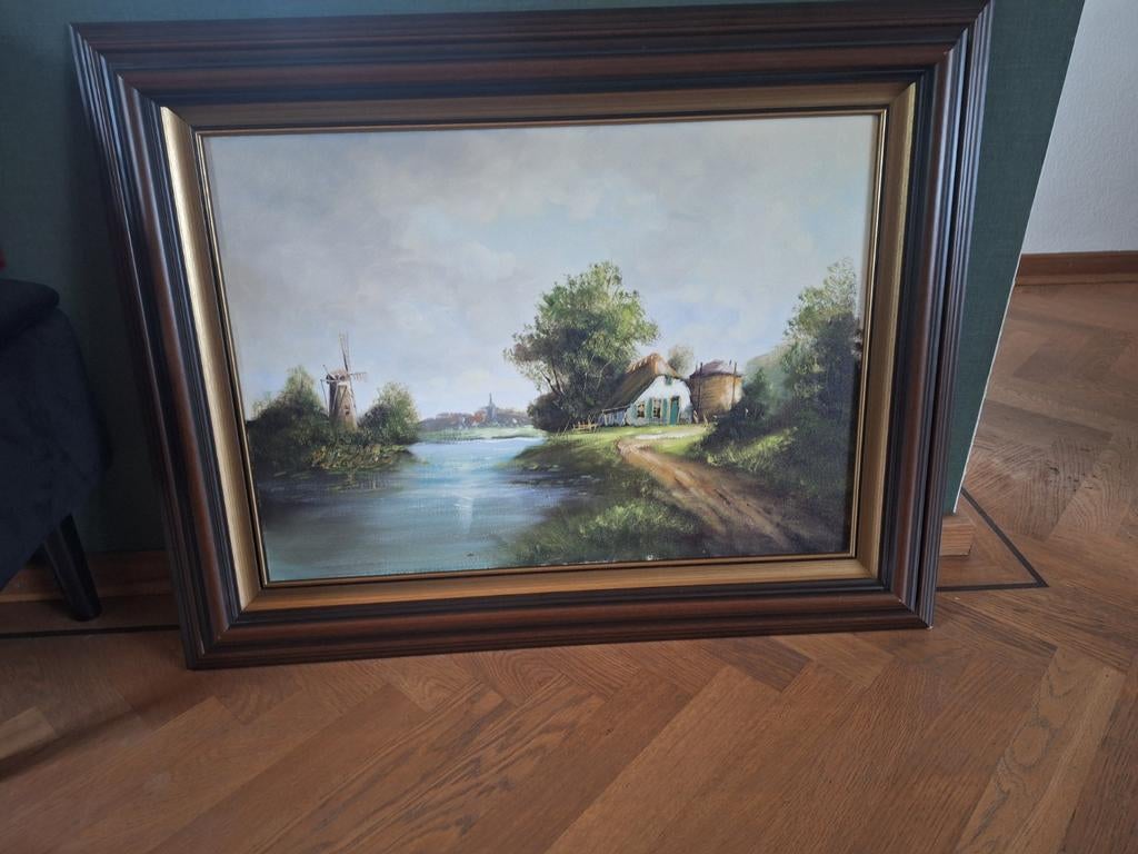 Mooi Landschap Schilderij - Molen en Boerderij aan het Water, Antiek en Kunst, Kunst | Schilderijen | Klassiek, Ophalen
