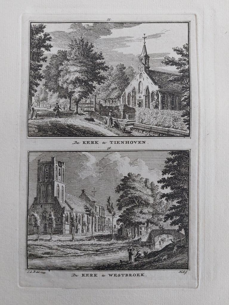 55-56 / Kerk van Tienhoven  en Westbroek Gravure 18e eeuw, Antiek en Kunst, Ophalen of Verzenden