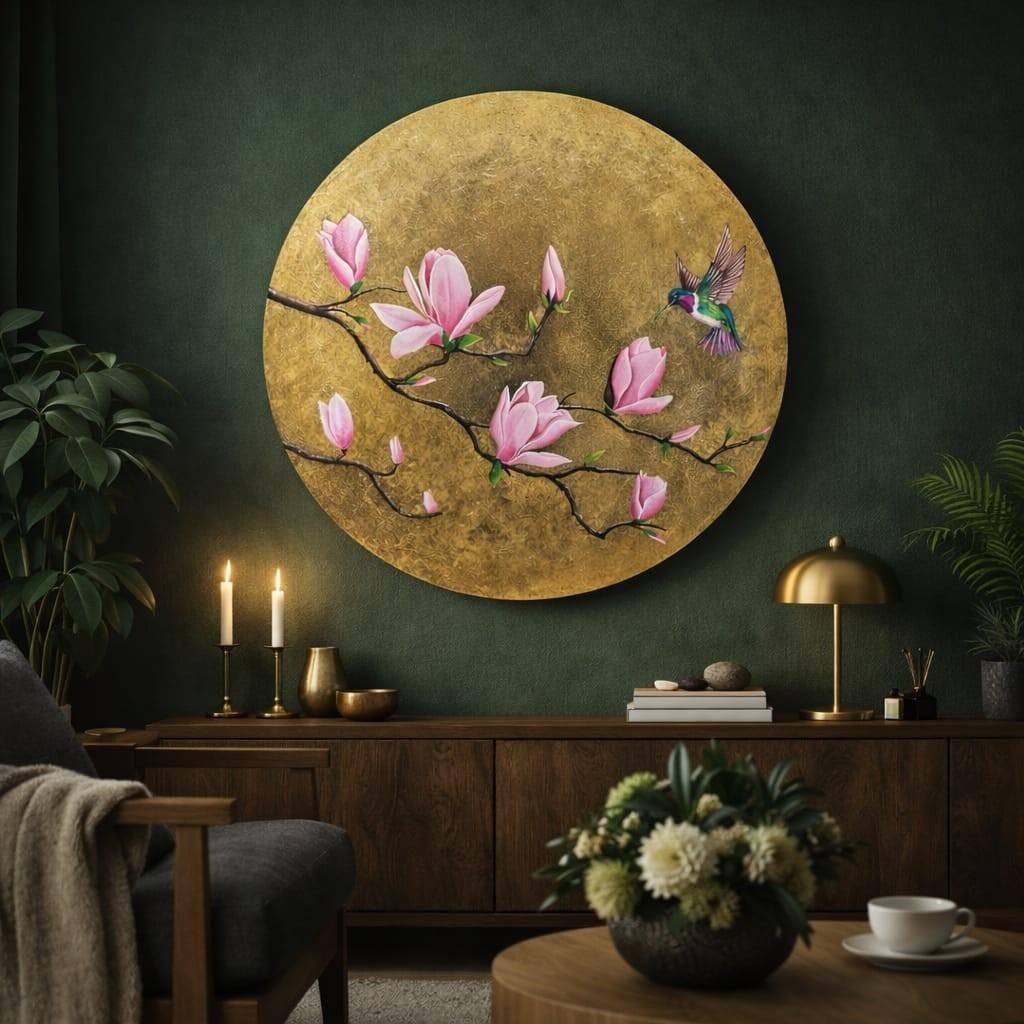 Gouden Magnolia met Kolibrie – Handgeschilderd Rond Doek, Ophalen of Verzenden