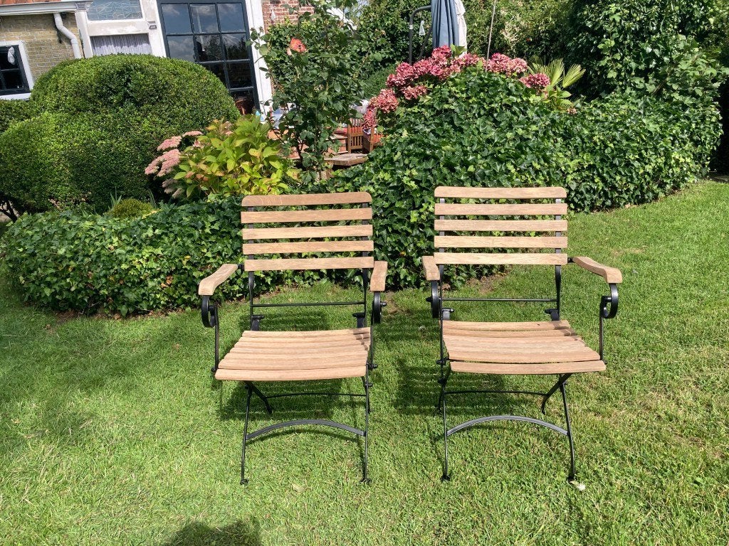 Teakhouten tuinstoelen, model bistro, Tuin en Terras, Tuinstoelen, Ophalen of Verzenden, Zo goed als nieuw, Teakhout, Inklapbaar