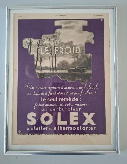 vintage ingelijste reclame Solex carburateur jaren 30, Ophalen of Verzenden, Gebruikt, Auto's