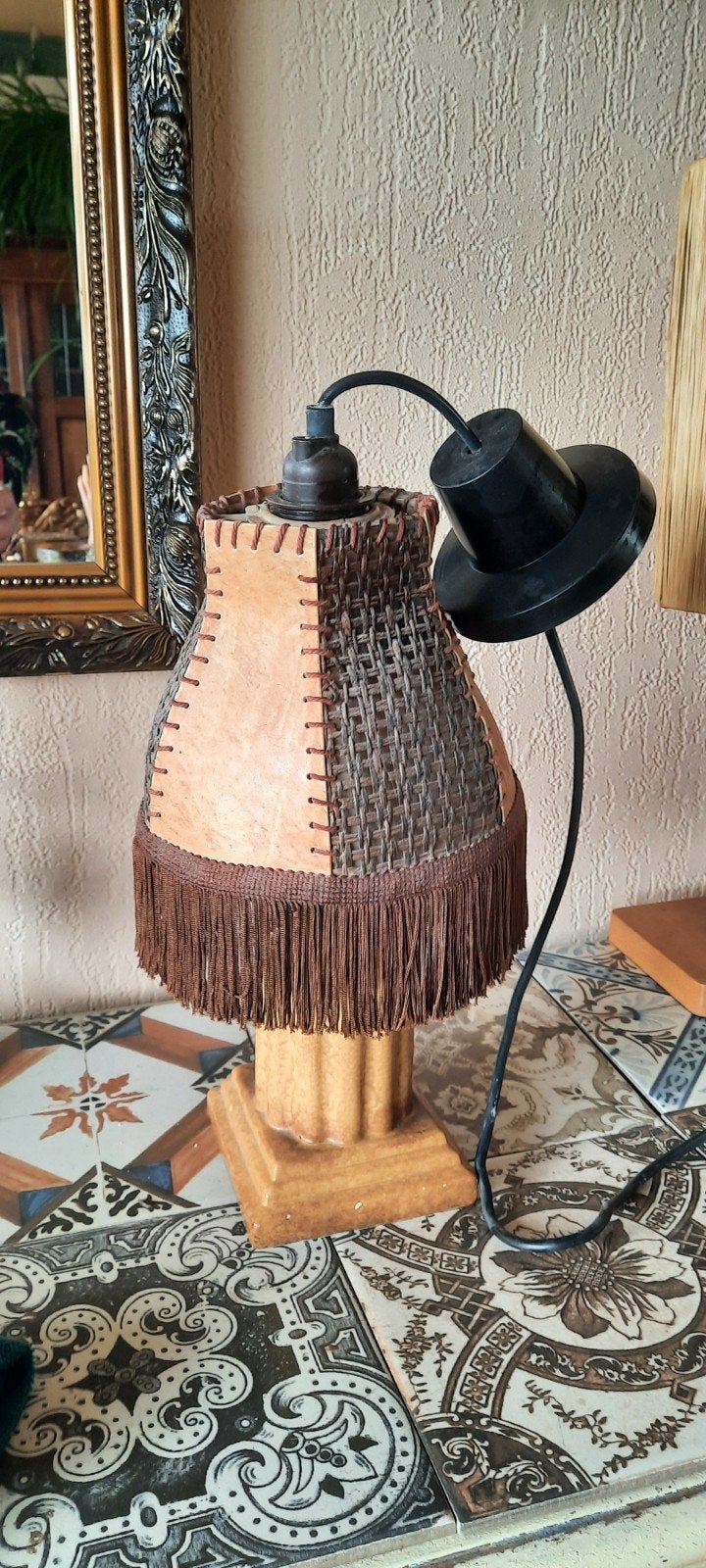 Vintage hanglamp met leren kap en franjes, Ophalen of Verzenden