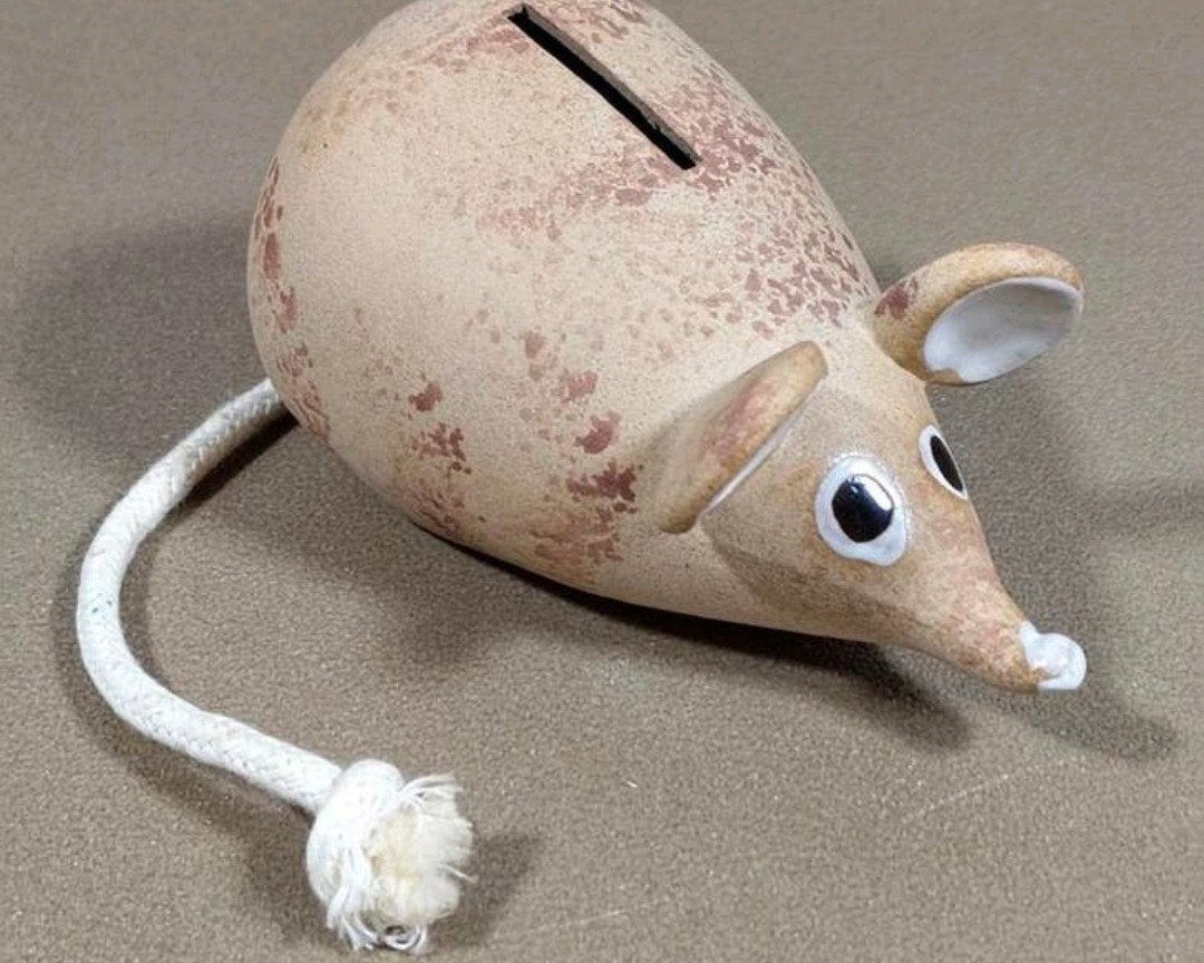 Aardewerk Muis Spaarpot-Bruin/beige muisje handgemaakt, Verzenden, Zo goed als nieuw, Steen, Aardewerk of Keramiek, Dier