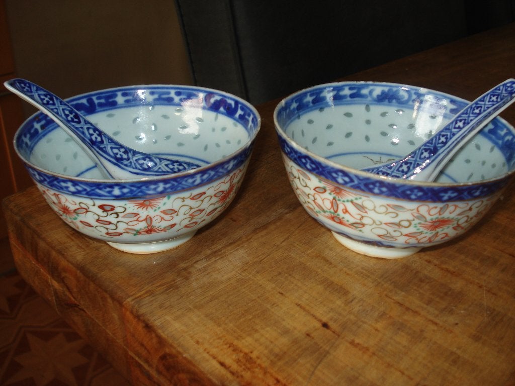 Set van 2 Chinese rijstkommen met lepels, Ophalen of Verzenden