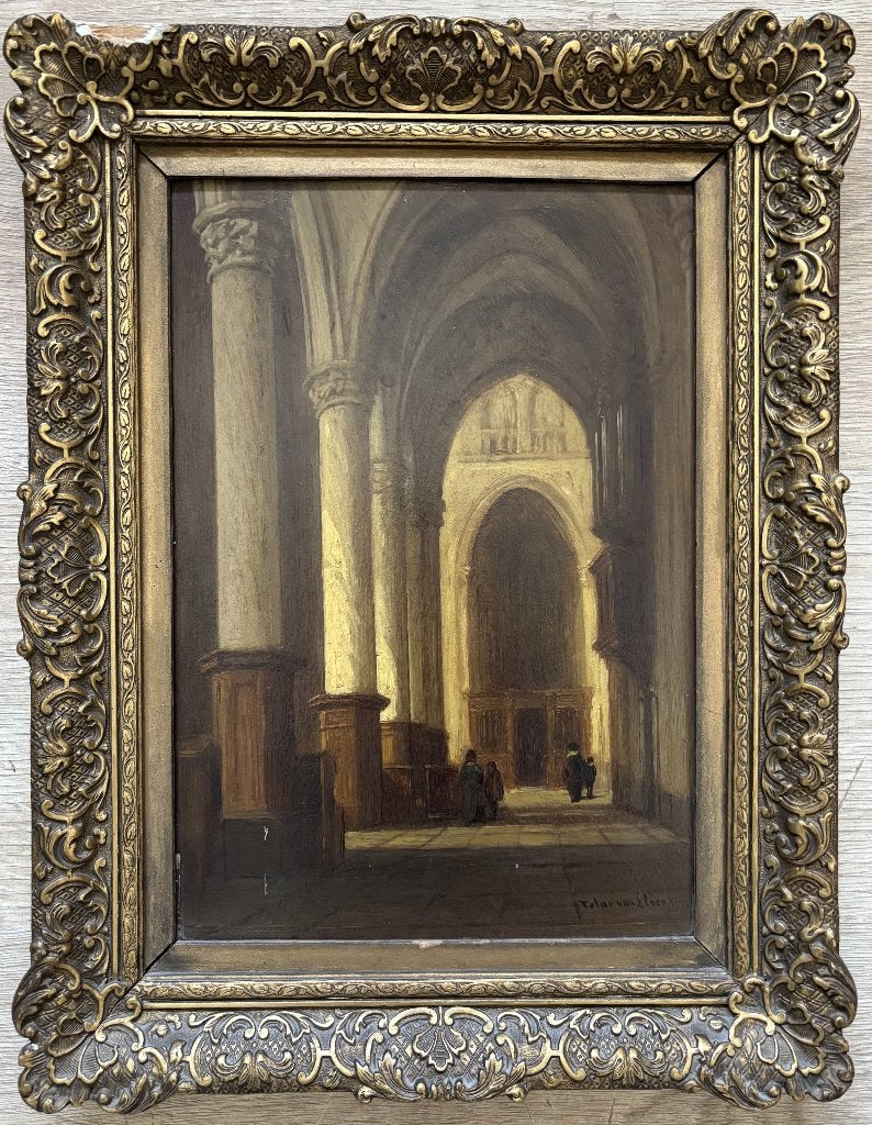 J.B. Tetar van Elven (1805-1889) -  Kerkinterieur, Antiek en Kunst, Paneel, Ophalen of Verzenden, Gesigneerd, Olieverf