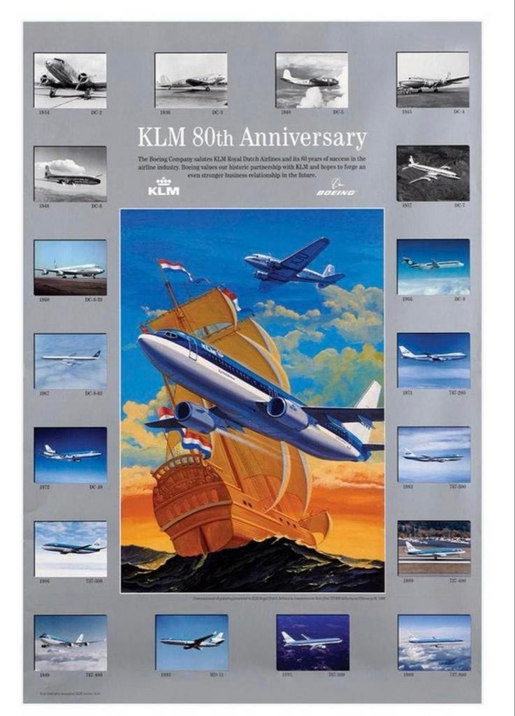 KLM 80th Anniversary poster ingelijst, Ophalen, Gebruikt, Kaart, Foto of Prent
